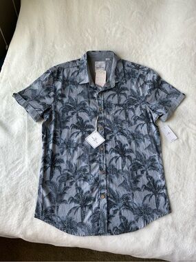 Casual Short-Sleeve Palm-Print Button-Down Shirt - Gray